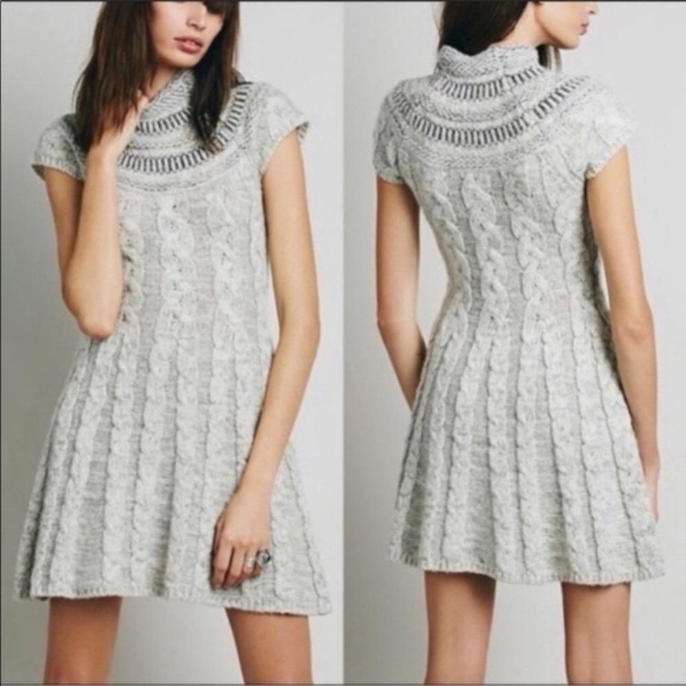 Free People Gray Cable Knit Sequin Sweater Dress Size Medium Wool Blend
